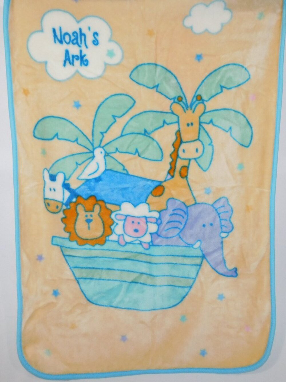 Vintage Noahs Ark Beige Blue Plush Fleece Blanket Toddler Baby 30 x 44 Lion Bird